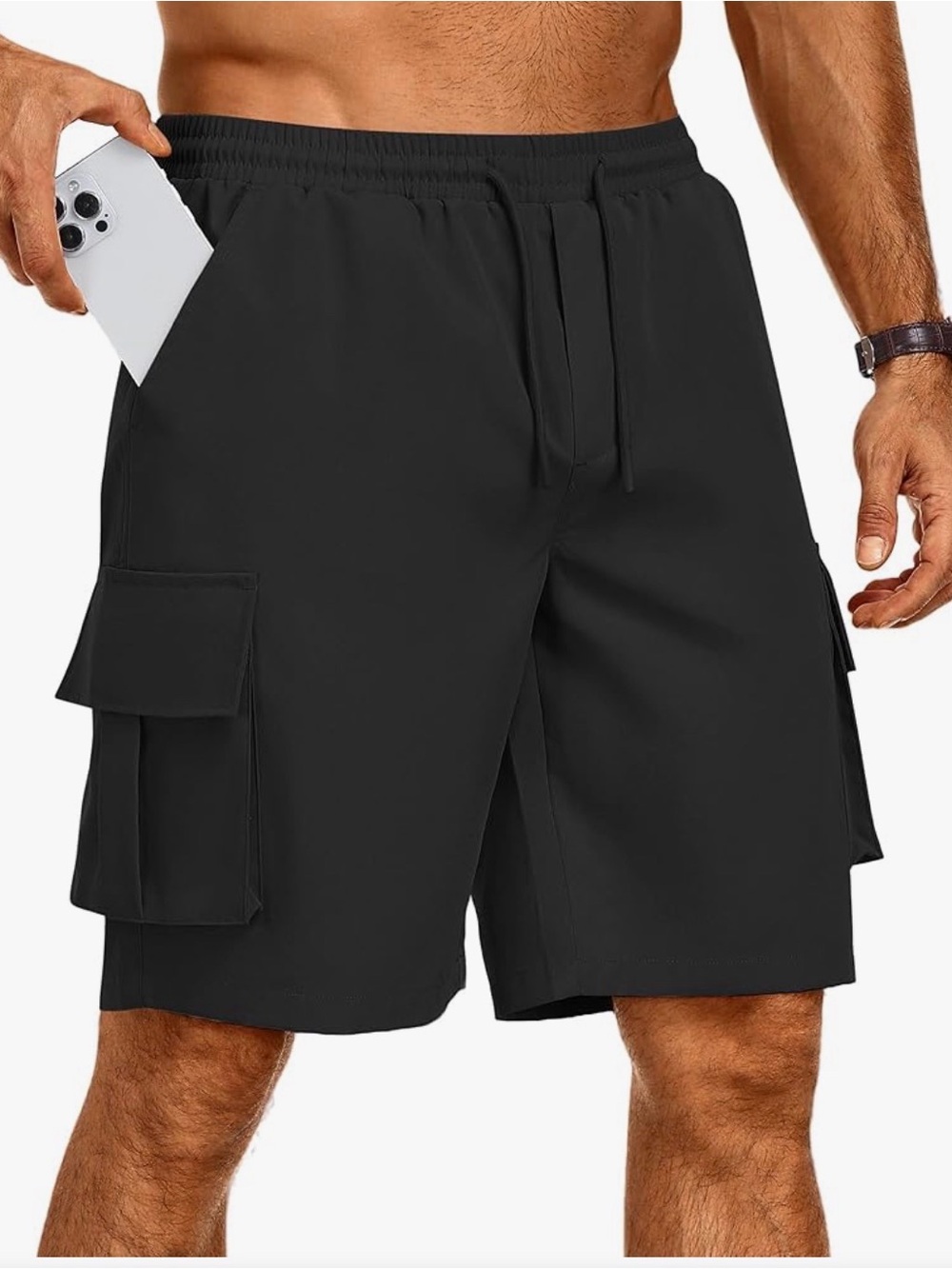 Men's Black Cargo Swim Shorts with Drawstring